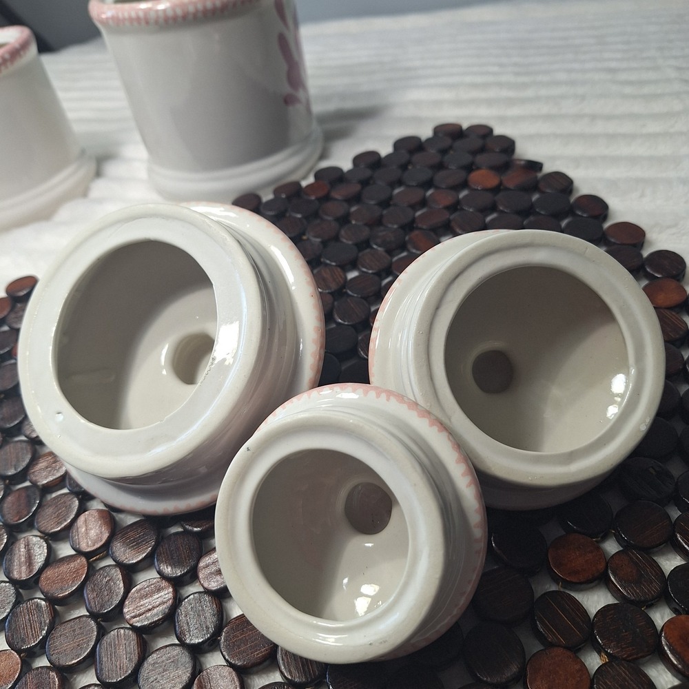 3 Pc Pink Heart Sponge Ware Ceramic Canisters Cottage Country Kitchen 90's - Picture 6 of 12
